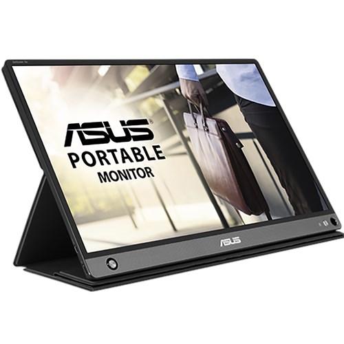 ASUS ZenScreen GO MB16AHP 15.6-inch portable monitor with USB Type-C and micro-HDMI connectivity, showcasing its sleek design and built-in battery.